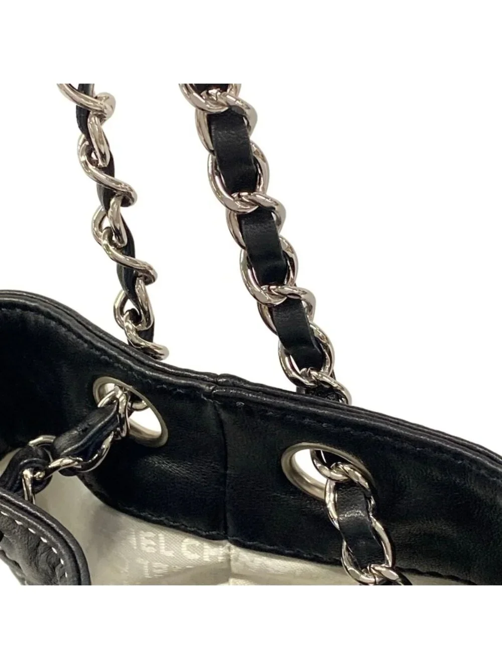 Chanel Tote Bag Wild Stitch Black White Silver Lambskin